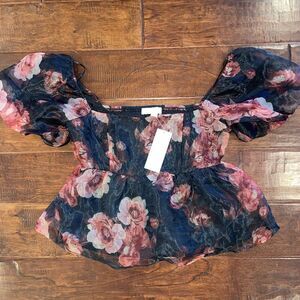 Thirty Thirty Floral Cropped Babydoll Blouse‎ Top Puff Sleeves Lined Size Large